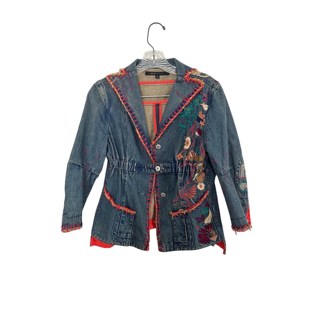 Marc Jacobs Vintage Embroidered Denim Jacket Boho Floral Size 6